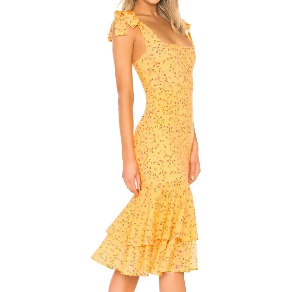 NWT Lovers + Friends Dress Women's XS Orange Floral Day Keeper Midi Tie Shoulder